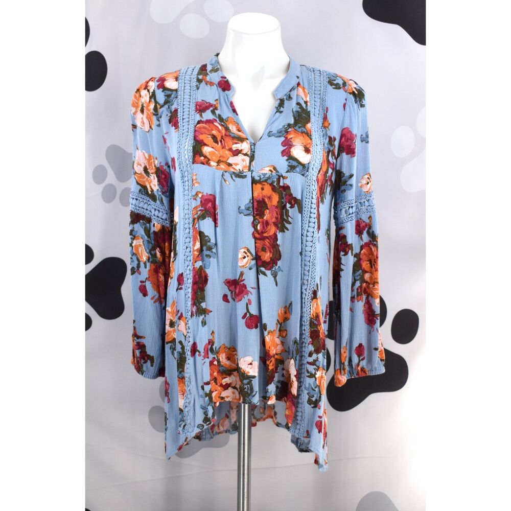 Blu Pepper Floral Print Long Sleeve V Neck Boho Peasant Hi Low Tunic Top Blue M
